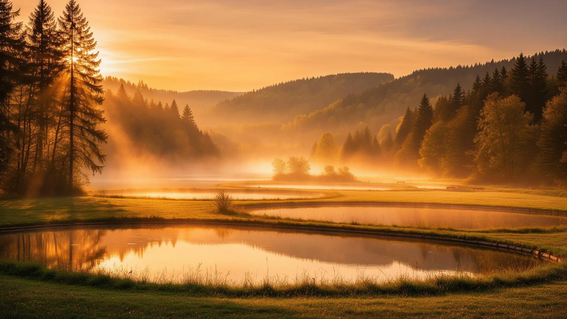Karpfenteiche im Aurachtal mit Morgennebel im goldenen Sonnenaufgang