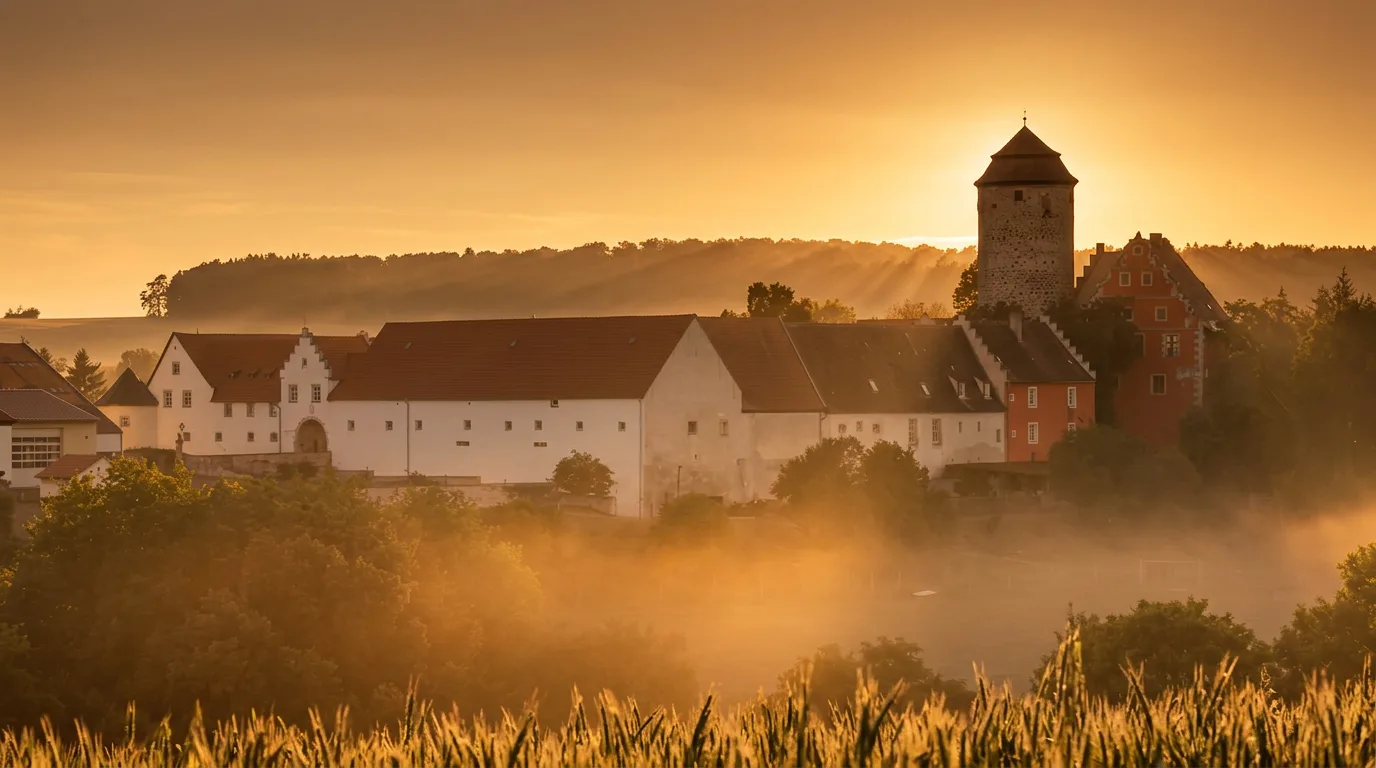 Burg Lisberg im goldenen Sonnenaufgang über dem Aurachtal